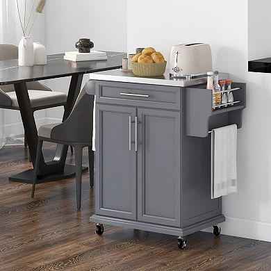 Wood Kitchen Island Cart Storage Box Cabinet Drawer Trolley W/ Stainless Steel