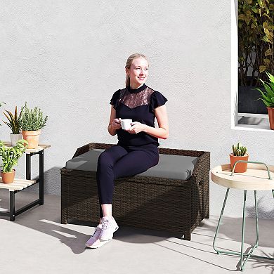 Outsunny Wicker Storage Bench Deck Box with Comfortable Cushion