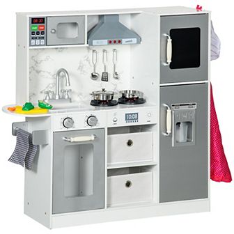 Play Kitchen Set For Kids W/ Lights Sounds, Apron And Chef Hat, White