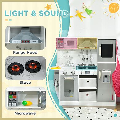 Qaba Play Kitchen Set for Kids W/ Lights Sounds, Apron and Chef Hat