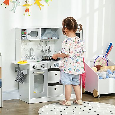 Play Kitchen Set For Kids W/ Lights Sounds, Apron And Chef Hat, White