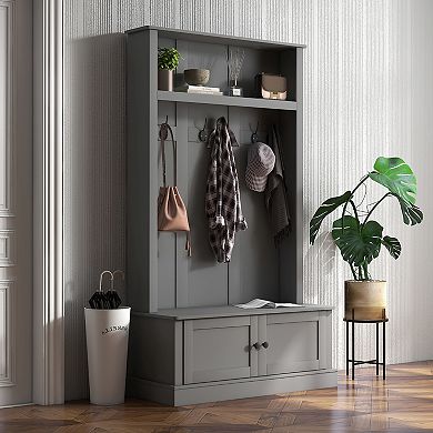 Homcom Hall Tree, Entryway Bench With Coat Rack, Shoe Cabinet And Top Shelf