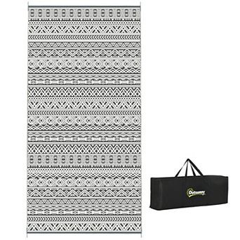 Outsunny Outdoor Rug & Bag, 9ft x 18ft Plastic Rug, Black Gray Geometric