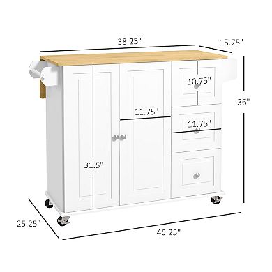 Homcom Kitchen Island On Wheels, Kitchen Cart With Drop Leaf, 3 Drawers