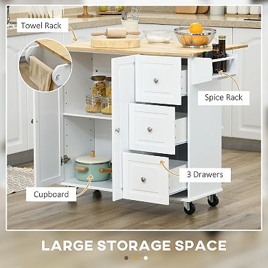 Homcom Kitchen Island On Wheels, Kitchen Cart With Drop Leaf, 3 Drawers