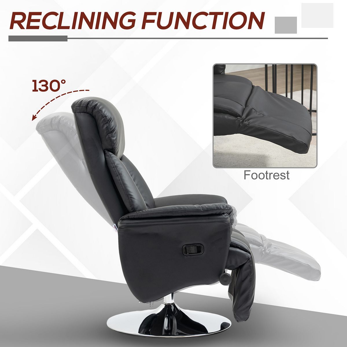 Cream recliner chair showing 130° reclining function and footrest