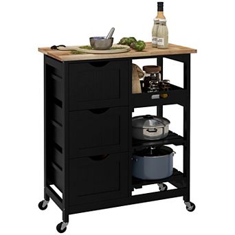 Compact Wooden Rolling Serving Kitchen Dining Cart W/ Shelves & Drawers