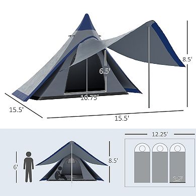 Outsunny 2-3 Person Teepee Tent, Easy Setup Camping Tent W/ Porch, Blue