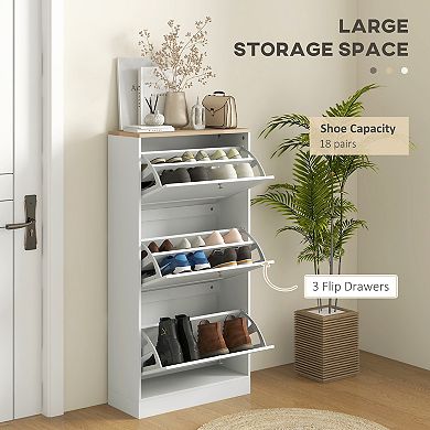Homcom Modern Shoe Cabinet With 3 Flip Drawers For 18 Pairs Of Shoes White