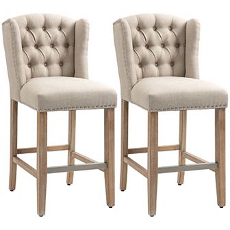 2 pc Linen Style Bar Stools Tall Chair With Back, Footrest For Home Pub