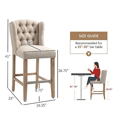 2 Pieces Linen Style Bar Stools Tall Chair With Back, Footrest For Home Pub