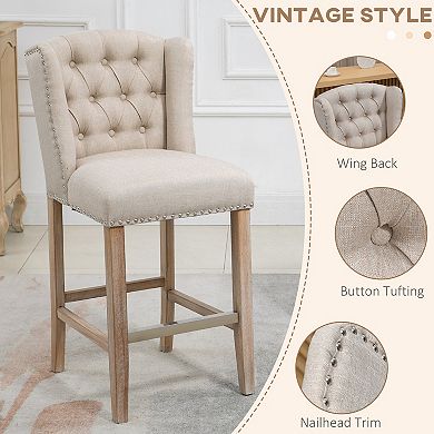 2 Pieces Linen Style Bar Stools Tall Chair With Back, Footrest For Home Pub