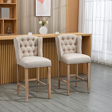 2 Pieces Linen Style Bar Stools Tall Chair With Back, Footrest For Home Pub