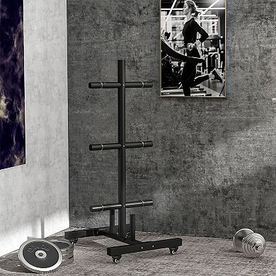 Olympic Weight Plate Rack With 4 Wheels And 6 Fasten Clamps