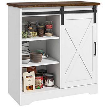 Farmhouse Coffee Bar Cabinet 33" Buffet Sideboard With Sliding Barn Door White