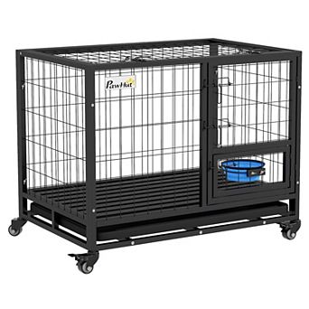 Pawhut 36" Dog Crate With Bowl Holder, Wheels For Med/large Dogs