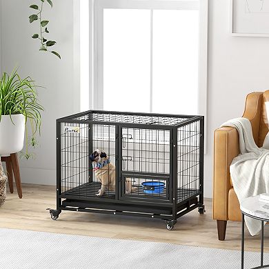 Pawhut 36" Dog Crate With Bowl Holder, Wheels For Med/large Dogs