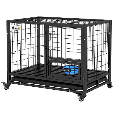 Pawhut 36" Dog Crate With Bowl Holder, Wheels For Med/large Dogs