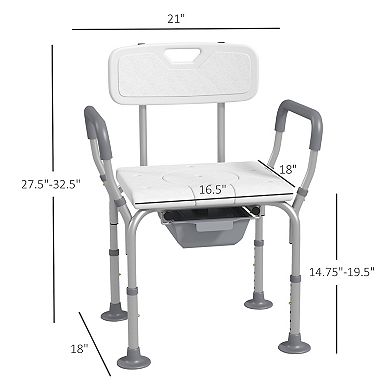 3-in-1 Shower Chair With Back And Arms Height Adjustable Bedside Commode White