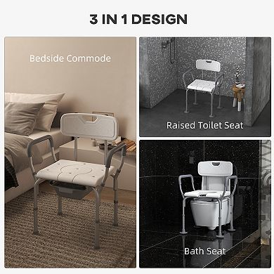 3-in-1 Shower Chair With Back And Arms Height Adjustable Bedside Commode White
