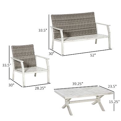Outsunny 4PC Outdoor Wicker Furniture Set, PE Rattan Sofa, 2 Chairs, Table