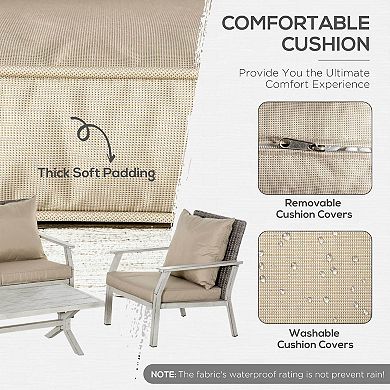 Outsunny 4PC Outdoor Wicker Furniture Set, PE Rattan Sofa, 2 Chairs, Table