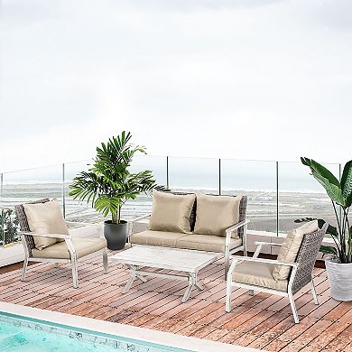 Outsunny 4PC Outdoor Wicker Furniture Set, PE Rattan Sofa, 2 Chairs, Table