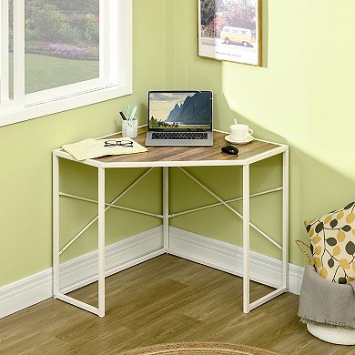Corner Computer Desk. Writing Table With Steel Frame For Small Spaces, White