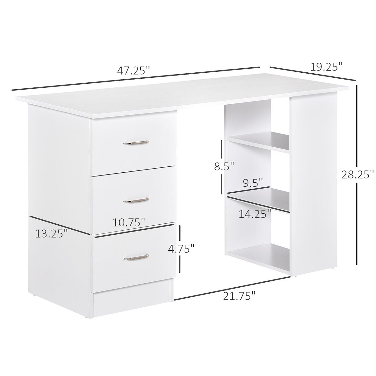 Desk with bookcase combo labeled measurements in inches