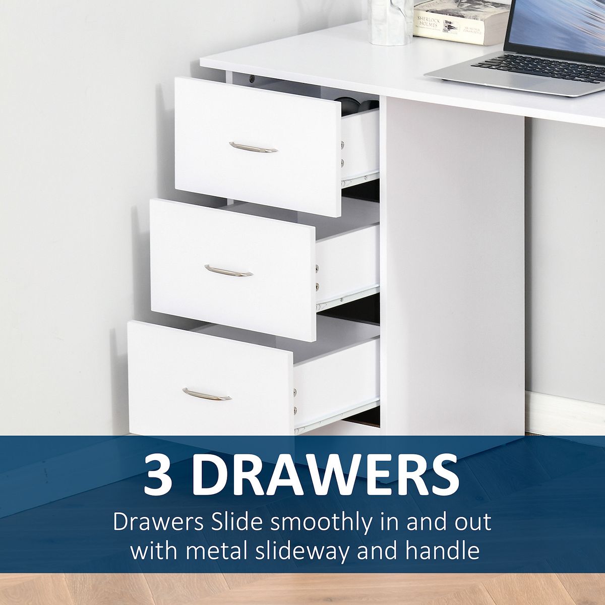 3 drawers feature graphic for white home office desk