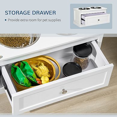 Elevated Dog Bowls Feeding Station W/ Stainless Steel Bowls Storage Drawer Brown