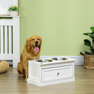 Elevated Dog Bowls Feeding Station W/ Stainless Steel Bowls Storage Drawer Brown
