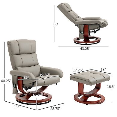 Recliner Chair With Ottoman, Swivel Wood Base, Remote And Side Pocket, Grey