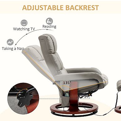 Recliner Chair With Ottoman, Swivel Wood Base, Remote And Side Pocket, Grey