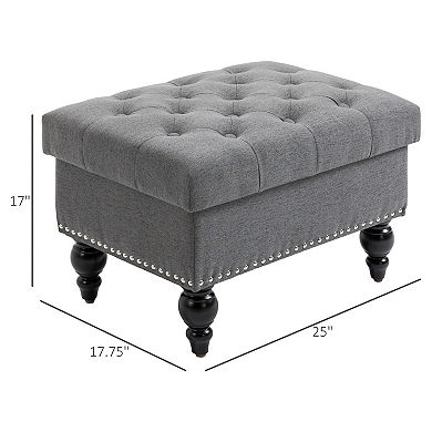 25" Fabric Tufted Storage Ottoman Bench With Removable Top Lid & Wood Legs