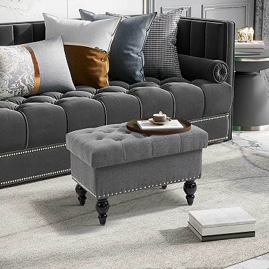 25" Fabric Tufted Storage Ottoman Bench With Removable Top Lid & Wood Legs