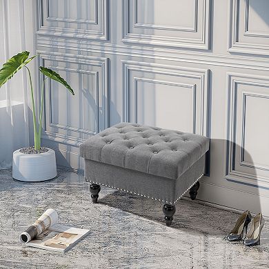 25" Fabric Tufted Storage Ottoman Bench With Removable Top Lid & Wood Legs