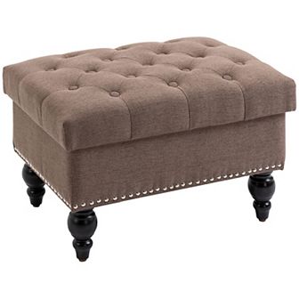 25" Fabric Tufted Storage Ottoman Bench With Removable Top Lid & Wood Legs
