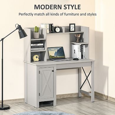 Farmhouse Computer Desk W/ Hutch Tabletop Cabinet, Home Office Study