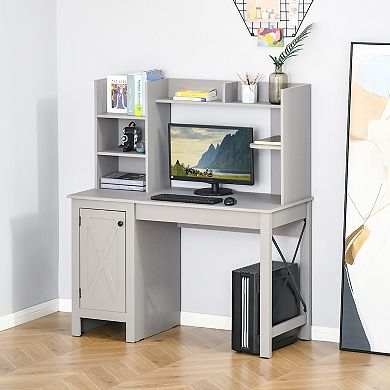 Farmhouse Computer Desk W/ Hutch Tabletop Cabinet, Home Office Study