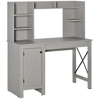 Farmhouse Computer Desk W/ Hutch Tabletop Cabinet, Home Office Study
