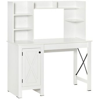 Farmhouse Computer Desk W/ Hutch Tabletop Cabinet, Home Office Study