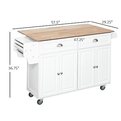 58" Kitchen Island Cart Modern Drop Leaf Storage Trolley Shelf On Wheels, White
