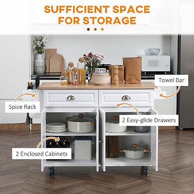 58" Kitchen Island Cart Modern Drop Leaf Storage Trolley Shelf On Wheels, White