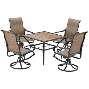 5 pc Outdoor Patio Dining Set, Table For Umbrella, 4 Swivel Rocking Chairs, Brown