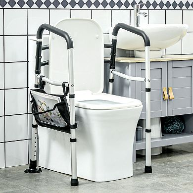 Homcom Toilet Safety Rails W/ Adjustable Height Width Rubber Tips Storage