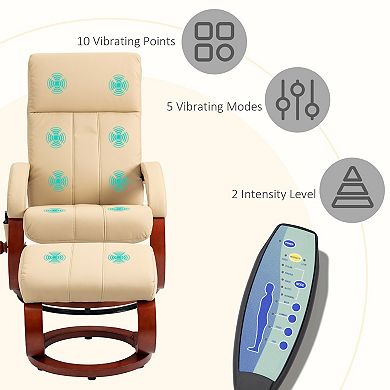 Faux Leather Recliner Chair With Ottoman W/ 10 Vibration Points & Remote, Beige
