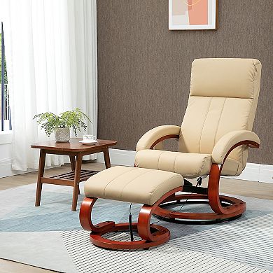 Faux Leather Recliner Chair With Ottoman W/ 10 Vibration Points & Remote, Beige