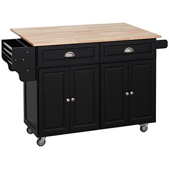 58" Kitchen Island Cart Modern Drop Leaf Storage Trolley Shelf On Wheels, Black