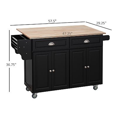 58" Kitchen Island Cart Modern Drop Leaf Storage Trolley Shelf On Wheels, Black